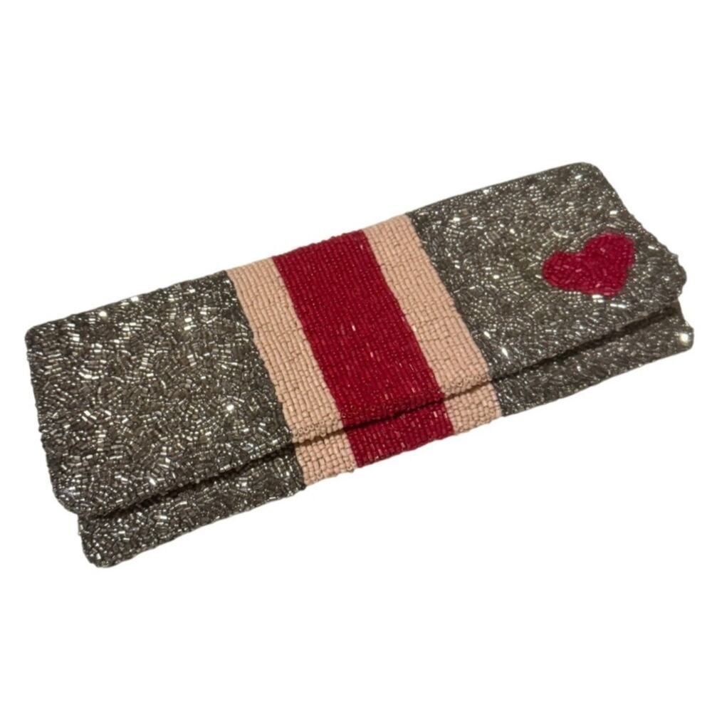 Tiana Designs Silver Pink Red Heart Beaded Clutch